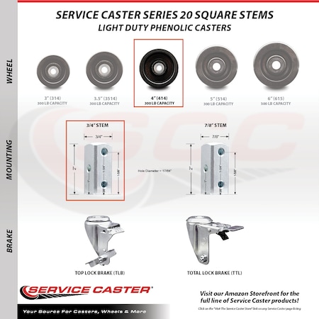 Service Caster 4 Inch Phenolic Wheel Swivel 3/4 Inch Square Stem Caster Set SCC-SQ20S414-PHS-34-4